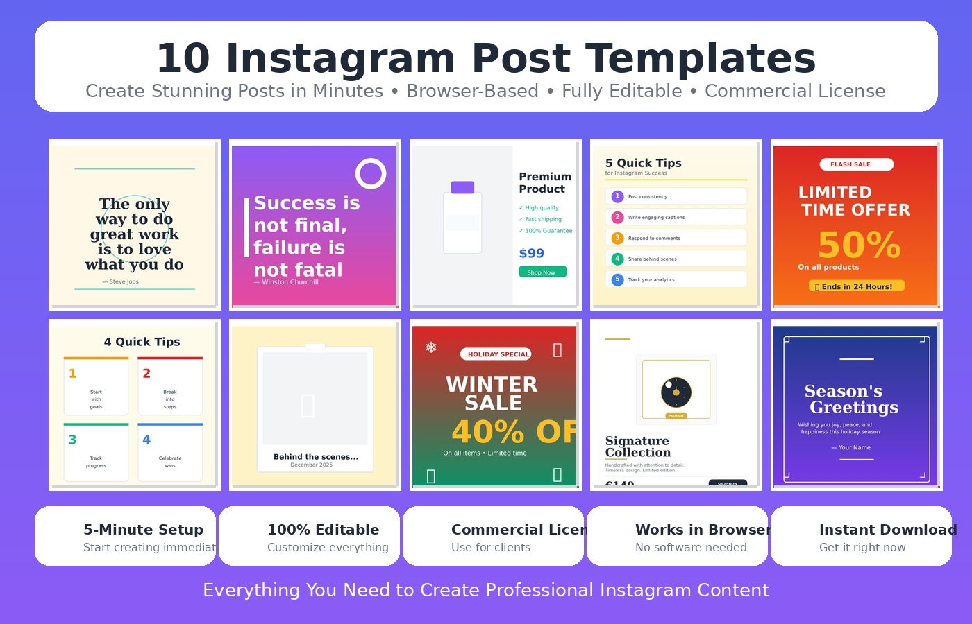 10 Professional Instagram Post Templates - Browser-based editable templates showing quotes, product showcases, tips, promotional posts, and holiday greetings in a professional grid display - no design software required